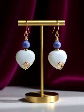 Handmade Lavender & Cream/White Stone Heart Dangle Earrings! Chunky Wire Wrapped